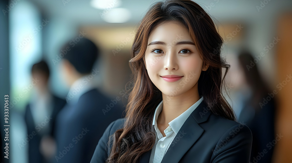 Confident young businesswoman smiling in an office setting. Confident young businesswoman smiling in an office setting.