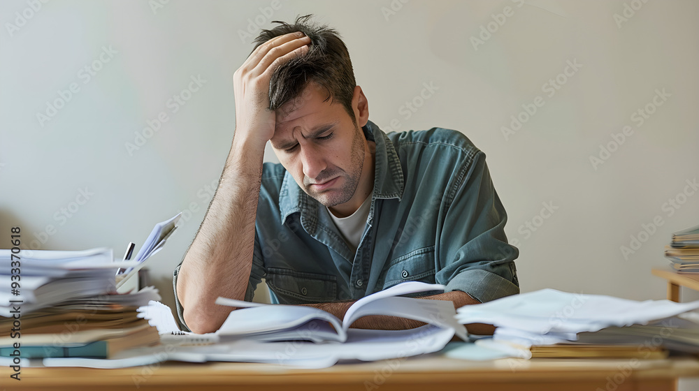 A stressed man at a desk surrounded by papers with his hand on his forehead in frustration A stressed man at a desk surrounded by papers with his hand on his forehead in frustration