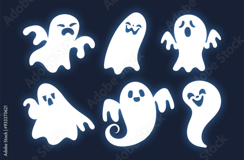 Six cartoon ghosts are floating and making different faces, from happy to scared, on a dark blue background