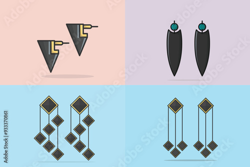 Collection of Women's colorful jewelry earrings vector illustration. Beauty fashion objects icon concept. Elegant women's jewelry decoration in unique style vector design.