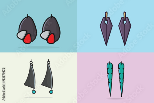 Collection of Women's colorful jewelry earrings vector illustration. Beauty fashion objects icon concept. Elegant women's jewelry decoration in unique style vector design.