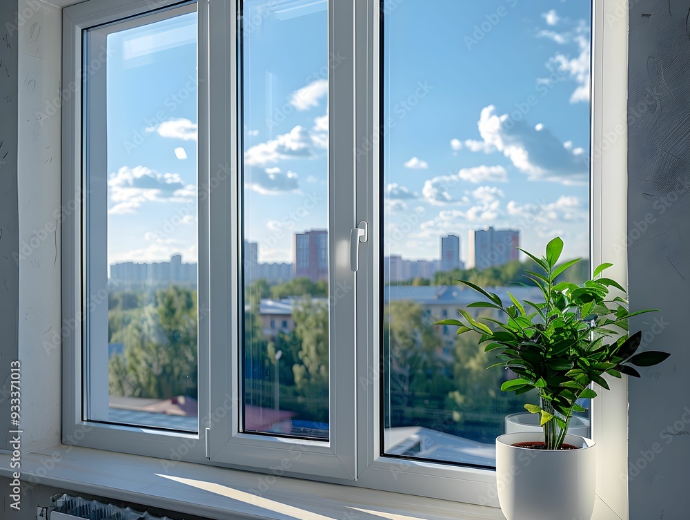 Morning sunlight streaming through a window with a potted plant and a view of the city skyline Morning sunlight streaming through a window with a potted plant and a view of the city skyline
