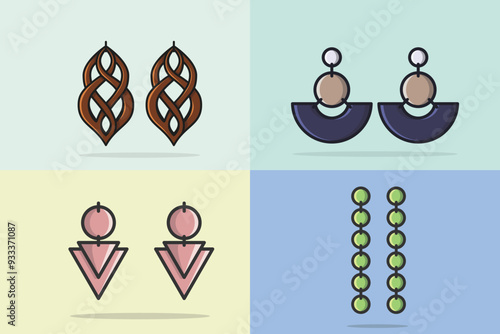 Collection of Women's colorful jewelry earrings vector illustration. Beauty fashion objects icon concept. Elegant women's jewelry decoration in unique style vector design.