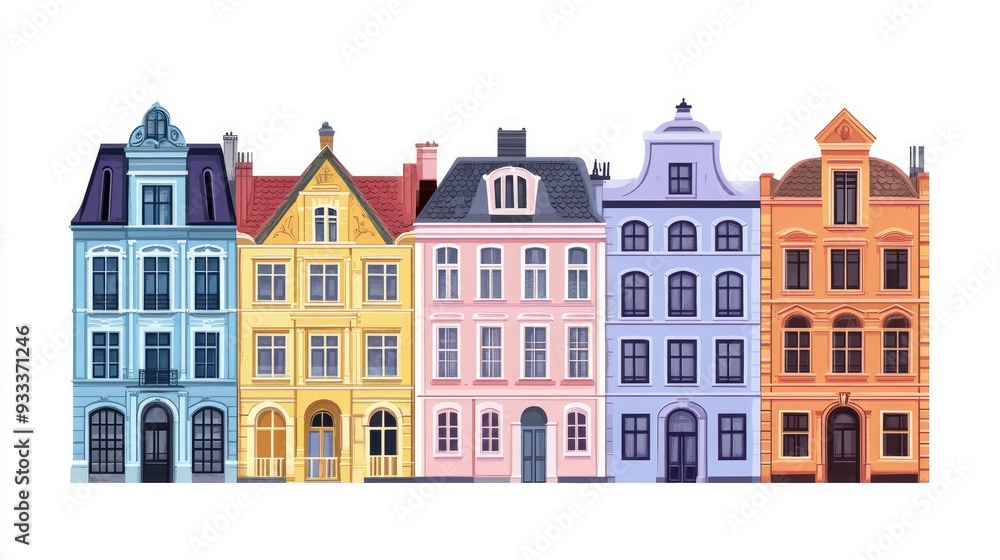 Fototapeta premium Six colorful, historic townhouses with arched windows, doors, and decorative details.