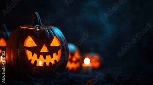 Sinister Jack-o'-Lanterns Illuminated by Flickering Candles Creating Ominous Halloween Vibe with Copy Space, Selective Focus in Ultra HD