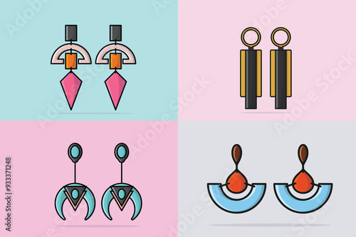 Collection of Women's colorful jewelry earrings vector illustration. Beauty fashion objects icon concept. Elegant women's jewelry decoration in unique style vector design.