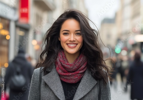Young woman smiling in a cozy scarf on a city street during autumn