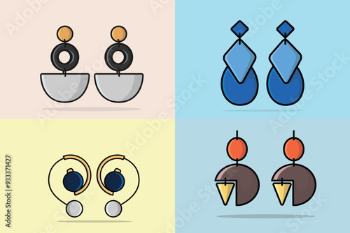 Collection of Women's colorful jewelry earrings vector illustration. Beauty fashion objects icon concept. Elegant women's jewelry decoration in unique style vector design.
