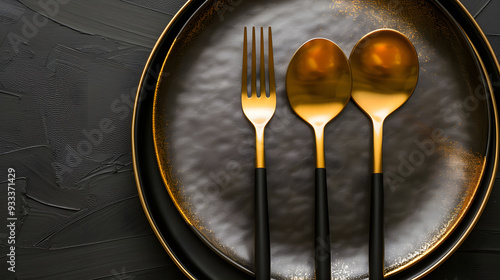 fork and spoon on empty black plate, Elegant golden flatware set against a dark textured plate on a black background photo