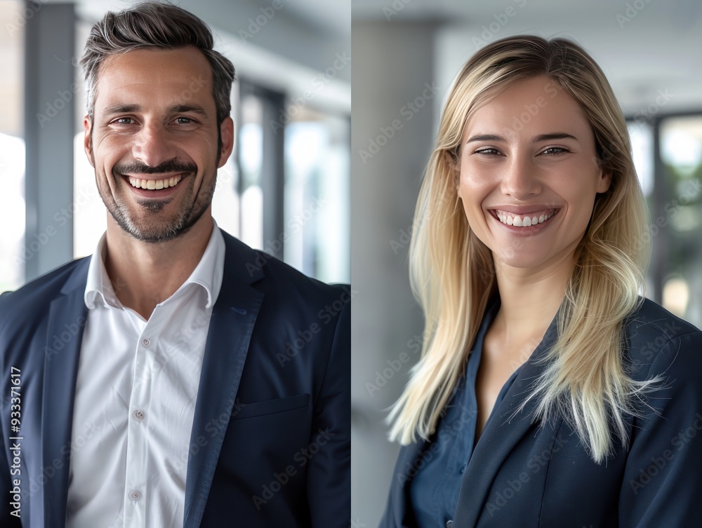 Professional portrait of a smiling business man and woman in modern office. Professional portrait of a smiling business man and woman in modern office.