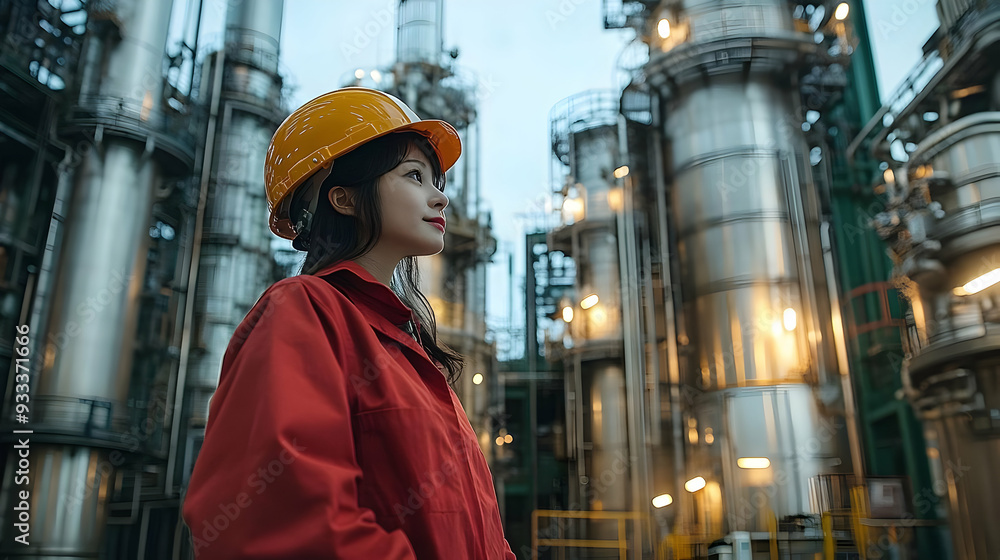 Fototapeta premium Female engineer in a red jumpsuit and a yellow hard hat standing in front of a large industrial facility looking up.