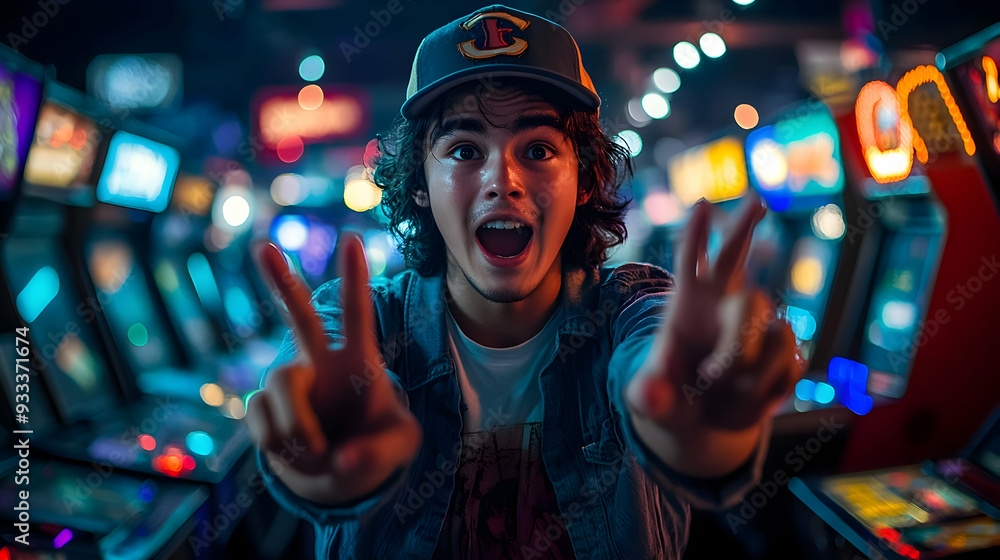 Obraz premium Excited gamer making peace sign at arcade.