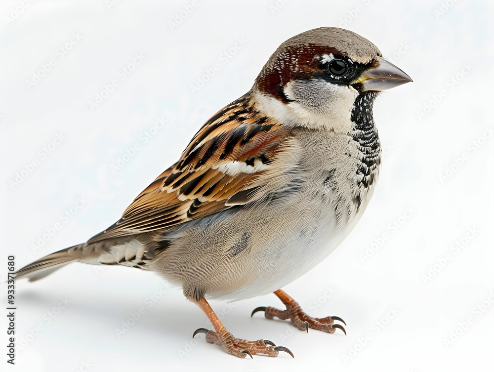 A close-up view of a sparrow standing on a white surface in natural light A close-up view of a sparrow standing on a white surface in natural light