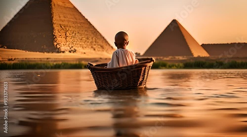 Baby Moses in Basket by the River with Pyramids at Dusk