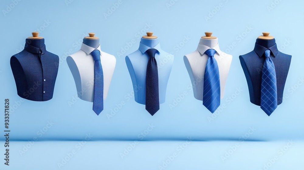 Obraz premium Stylish collection of blue shirts and ties arranged on mannequins, perfect for fashion or business-themed projects.
