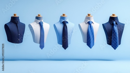 Stylish collection of blue shirts and ties arranged on mannequins, perfect for fashion or business-themed projects.