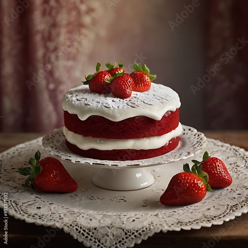 Red velvet cake with strawberries and powdered sugar Illustration photo