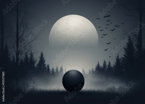 Bats flying near a large orb under a full moon at night
