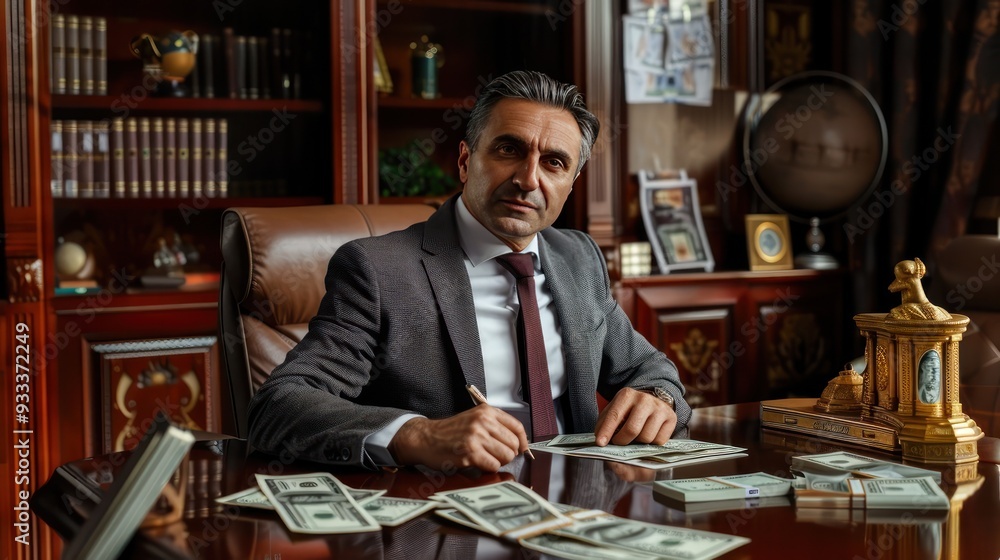 Rich businessman in a suit, sitting at desk with dollars, opulent office setting, detailed facial features, portrait photography. Rich businessman in a suit, sitting at desk with dollars, opulent office setting, detailed facial features, portrait photography.