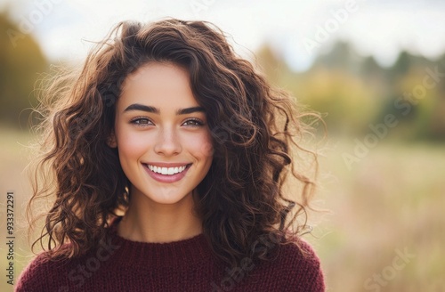 Young woman with curly hair smiling in a field during autumn sunset