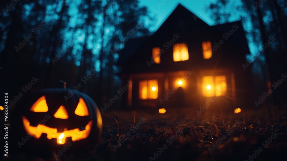 Fototapeta premium Creepy Haunted House with Flickering Lights and Shadows - Halloween Spooky Scene for Copy Space Concept in Ultra HD