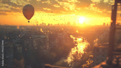 Hot air balloon flying over...
