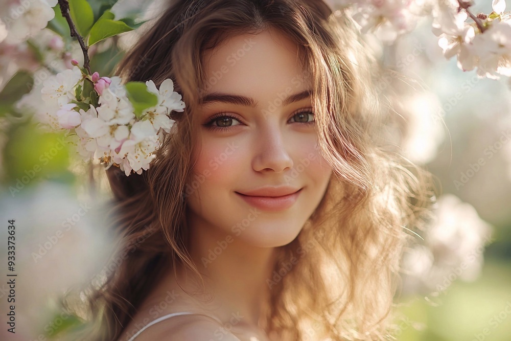 Fototapeta premium portrait of a woman in spring park blossom
