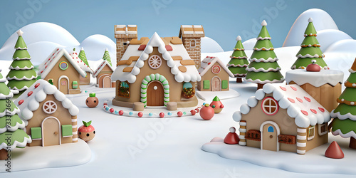 A charming Christmas village featuring whimsical gingerbread houses and snow-covered trees