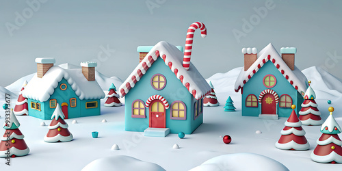 Festive Christmas gingerbread village with colorful houses, snowy landscape, and decorative trees