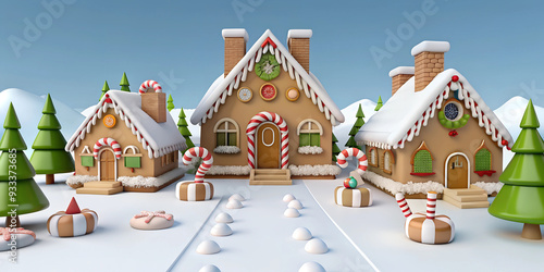 A cheerful view of a large village made of gingerbread houses decorated for Christmas in a winter landscape