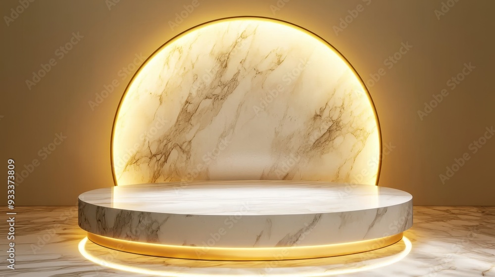 Fototapeta premium Elegant White Marble Podium with Gold Trim, Soft Underlighting Enhancing Luxury Stage Setup, Ideal for Showcasing High-End Cosmetic Products Against a Glowing Golden Backdrop