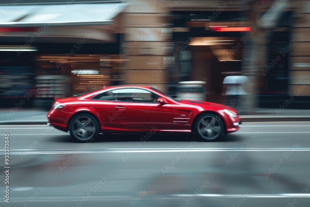 A red sports car drives down a busy city street, perfect for urban lifestyle or travel stock photos A red sports car drives down a busy city street, perfect for urban lifestyle or travel stock photos
