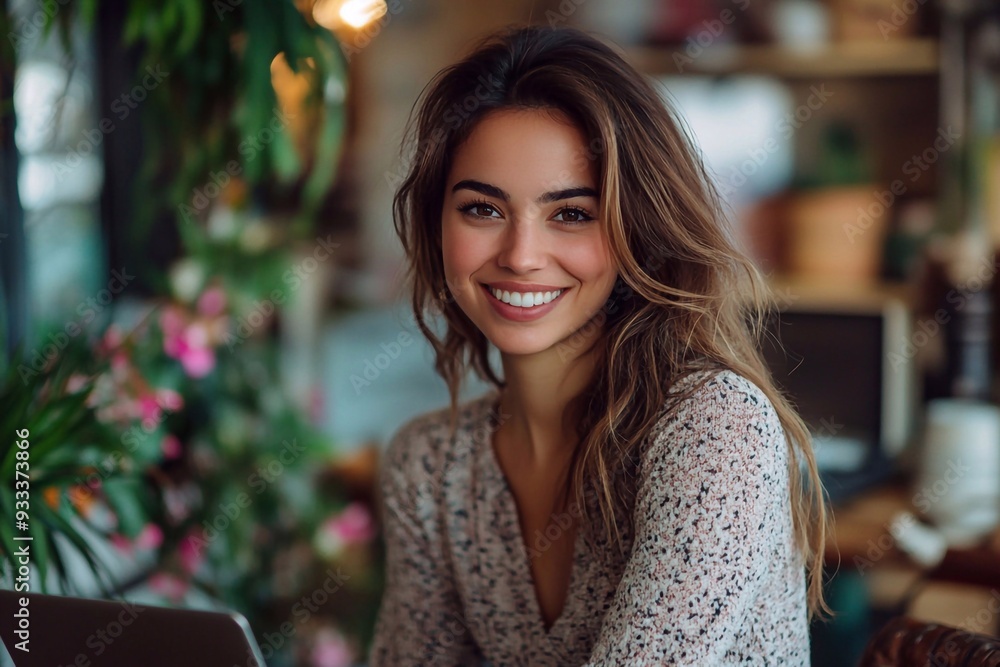 beautiful smiling ethnic woman works remotely on laptop beautiful smiling ethnic woman works remotely on laptop