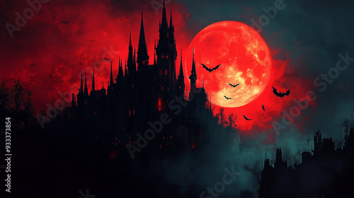 An ominous, gothic castle with towering spires, lit by a blood-red moon, with bats flying around--perfect for a dark and mysterious Halloween advertisement