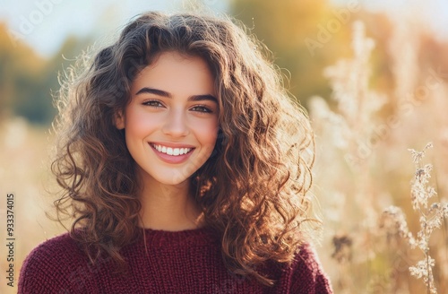 Young woman with curly hair smiling in a field during autumn sunset