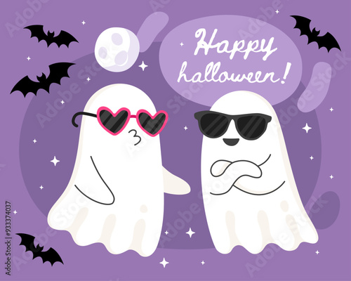 Halloween greeting card. Cute cartoon little ghosts, spirits. Cute ghost couple, cute ghosts in sunglasses, bats, full moon. Happy halloween. Purple background.