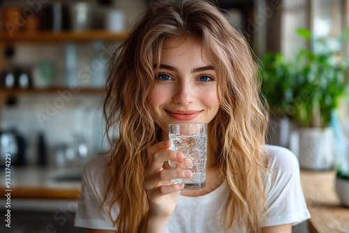 A Young pretty cheerful woman is drinking a glass of water