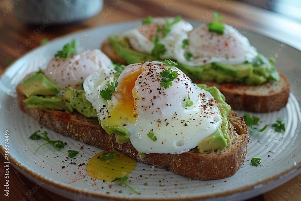 A plate with avocado toast and poached eggs. A plate with avocado toast and poached eggs.
