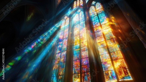 Sunbeams streaming through a stained glass window in a church.