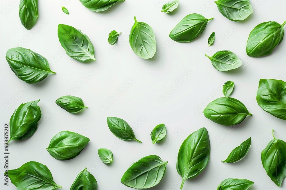 Fresh basil green leaves arranged on a clean white background, showcasing their vibrant color and delicate texture. The leaves are isolated to highlight their natural sheen and intricate details, crea Fresh basil green leaves arranged on a clean white background, showcasing their vibrant color and delicate texture. The leaves are isolated to highlight their natural sheen and intricate details, crea