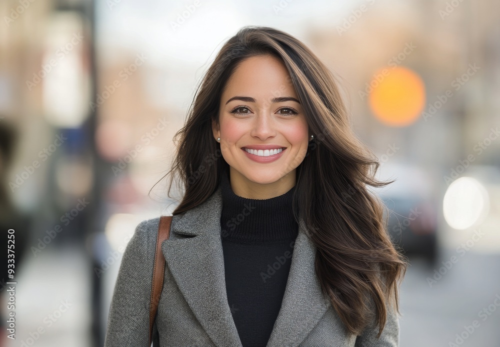 Young woman smiling on a busy city street during the day Young woman smiling on a busy city street during the day