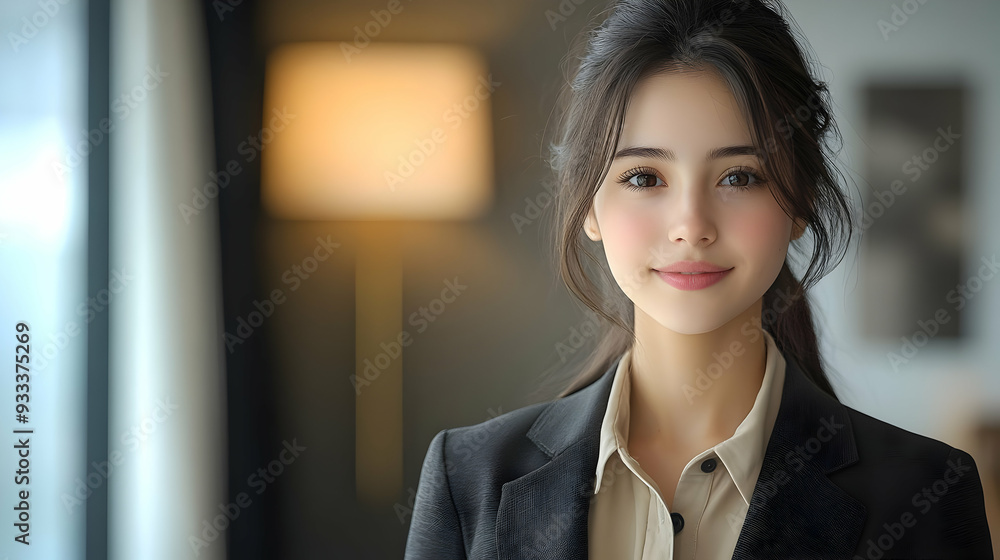 Portrait of a young woman with a soft smile, wearing a black blazer and a beige shirt. Portrait of a young woman with a soft smile, wearing a black blazer and a beige shirt.
