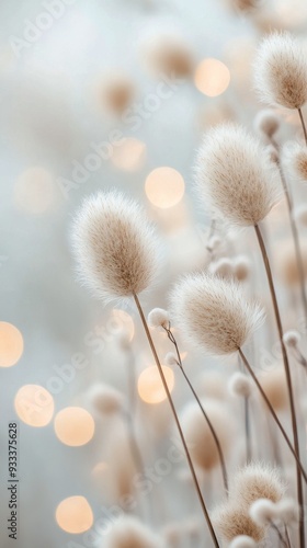 Soft, fluffy plant stems illuminated by warm, blurred lights in a tranquil se...