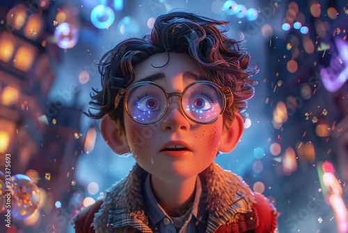 Poster of an animated film with 3D effects. The boy among the bubbles in glasses is surprised photo