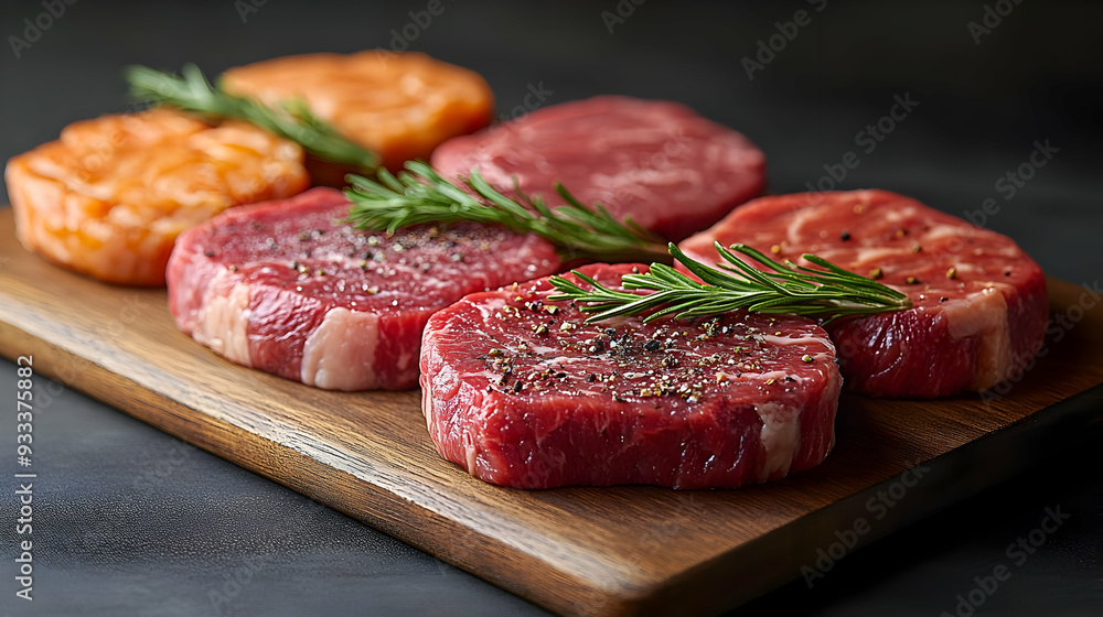 Raw beef and salmon steaks on a cutting board with rosemary. Raw beef and salmon steaks on a cutting board with rosemary.