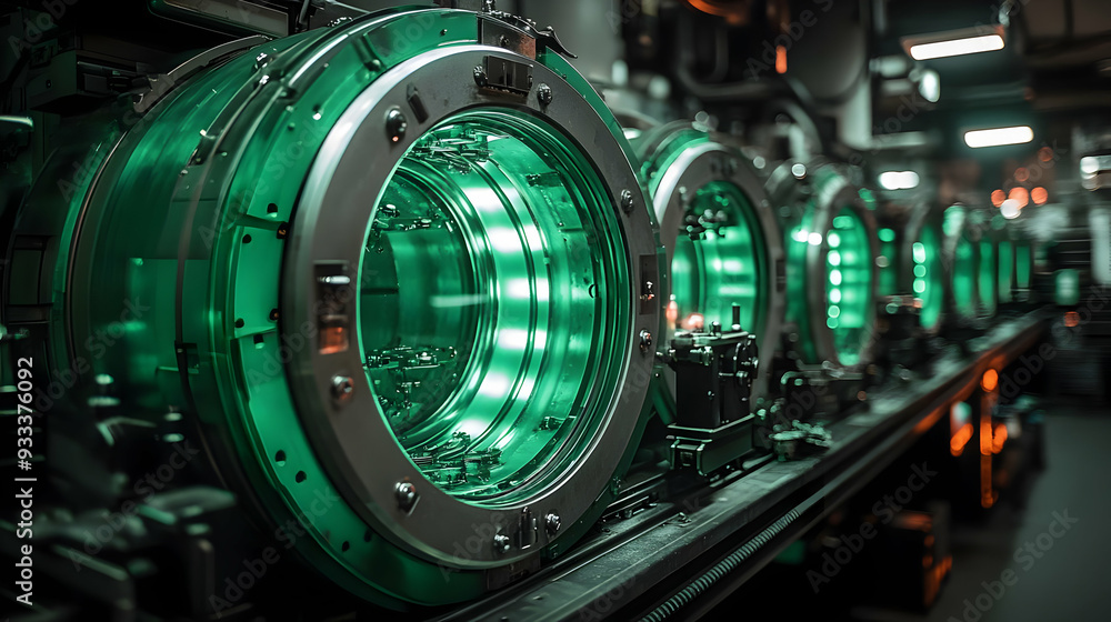 Row of industrial machines with green glowing windows. Row of industrial machines with green glowing windows.