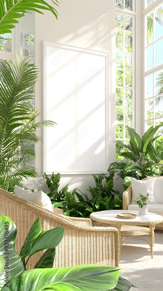 Bright and airy sunroom with wicker furniture and lush greenery creating a peaceful and rejuvenating home setting for relaxation and tranquility. Bright and airy sunroom with wicker furniture and lush greenery creating a peaceful and rejuvenating home setting for relaxation and tranquility.