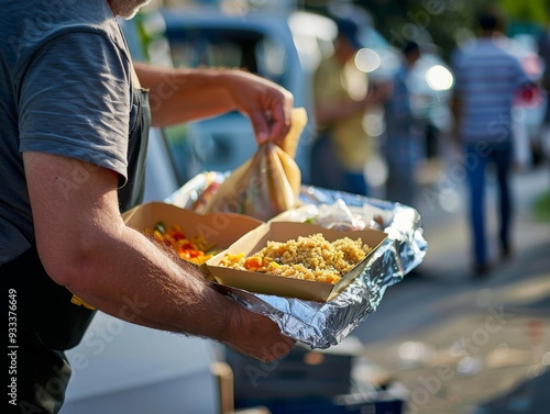 Person Holding a Tray of Food at a Street Market photo