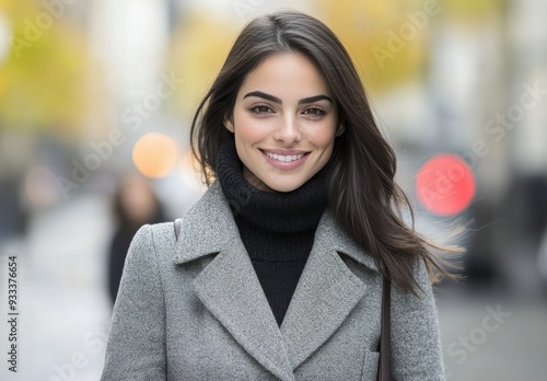Young woman smiling on a busy city street during the day