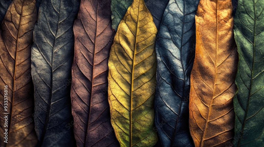 A collection of overlapping leaves with different textures ...